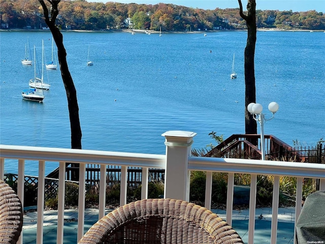 water view featuring a forest view