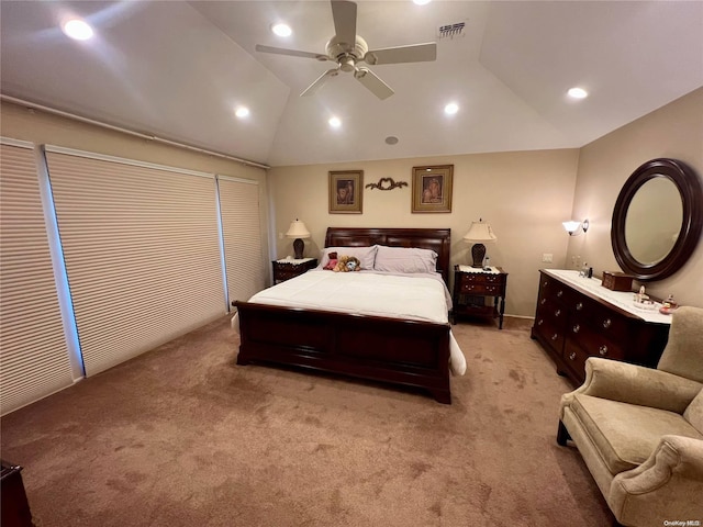 bedroom with lofted ceiling, recessed lighting, visible vents, light carpet, and ceiling fan