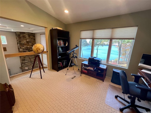 home office with lofted ceiling and recessed lighting