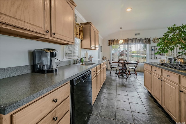 kitchen with light brown cabinets, sink, and black dishwasher