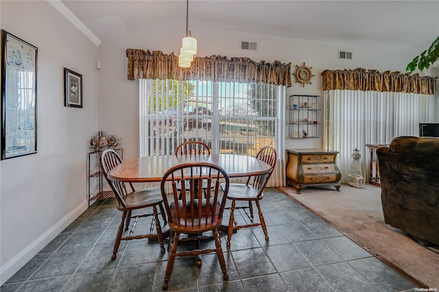 dining area with dark carpet and a wealth of natural light