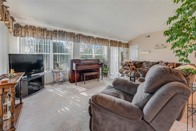 carpeted living room with lofted ceiling