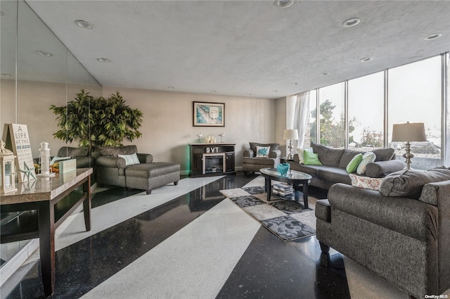 living room with a fireplace