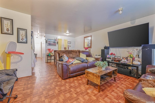 living room featuring light parquet floors