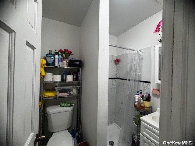 bathroom with vanity, toilet, lofted ceiling, and walk in shower