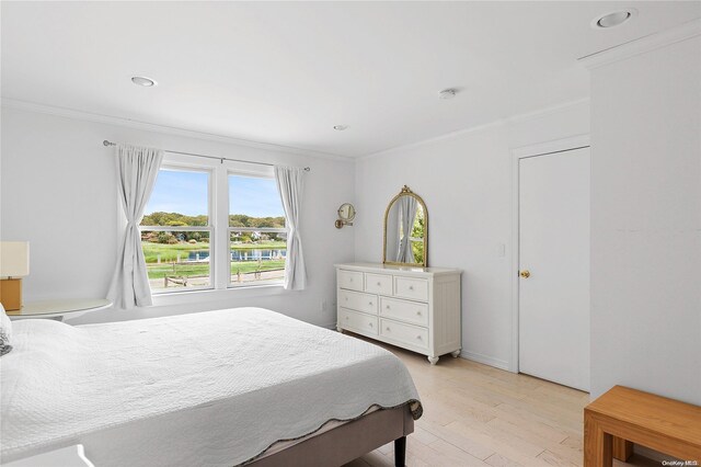 21 E Shore Dr, Southampton, NY 11968 - bedroom featuring crown molding and light wood-type flooring