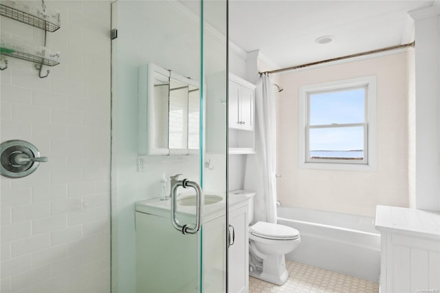21 E Shore Dr, Southampton, NY 11968 - full bathroom featuring separate shower and tub, tile patterned floors, crown molding, toilet, and vanity
