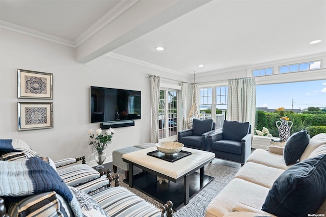 living room featuring beamed ceiling and ornamental molding