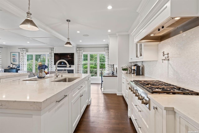 kitchen with plenty of natural light, sink, a spacious island, and custom range hood