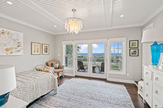 bedroom with access to exterior, an inviting chandelier, dark hardwood / wood-style flooring, beamed ceiling, and ornamental molding