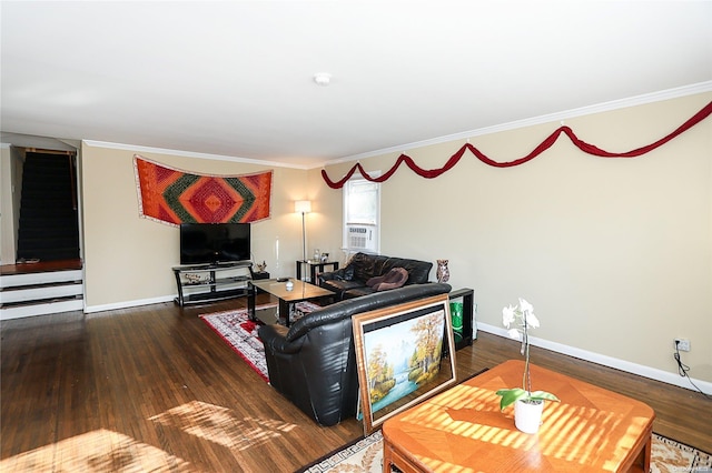 living room with crown molding, cooling unit, and dark hardwood / wood-style floors