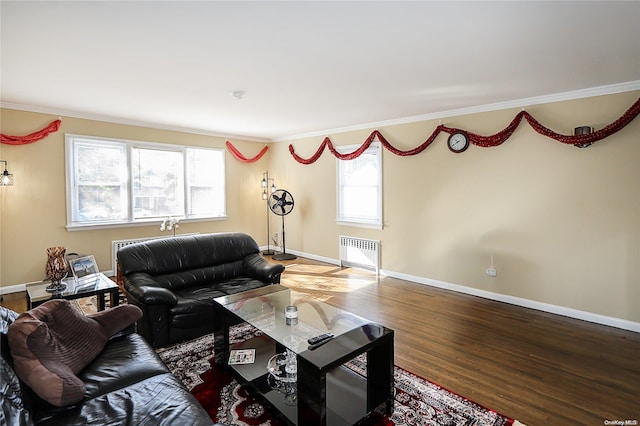 living room featuring radiator, wood-type flooring, and ornamental molding