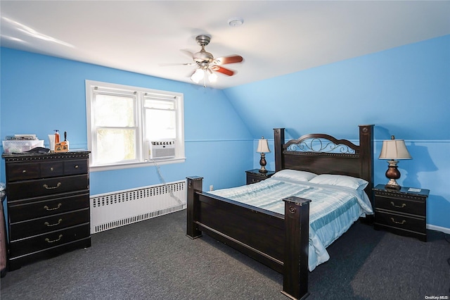 bedroom with ceiling fan, radiator heating unit, cooling unit, vaulted ceiling, and dark carpet