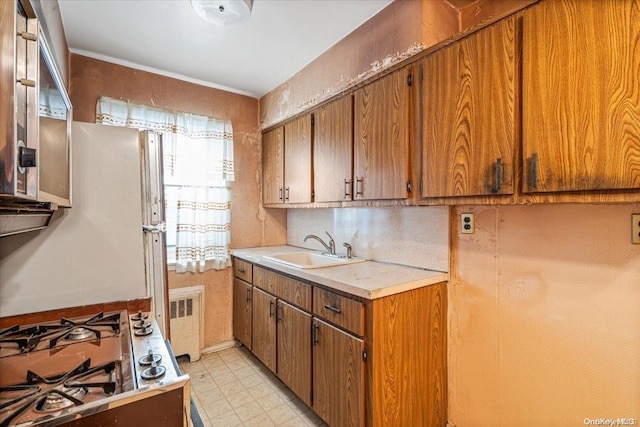 kitchen with stovetop, sink, and radiator heating unit