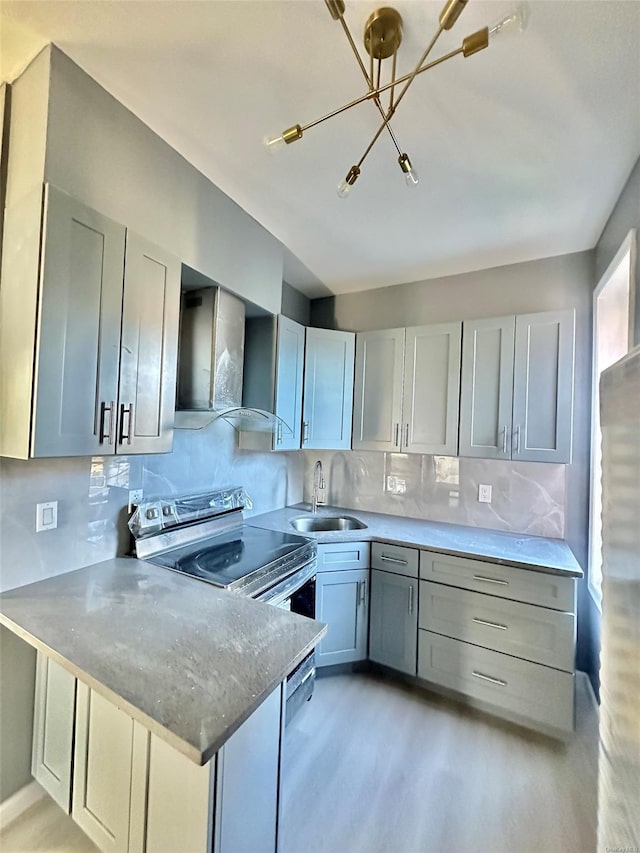 kitchen featuring electric range, decorative backsplash, a sink, a peninsula, and wall chimney exhaust hood