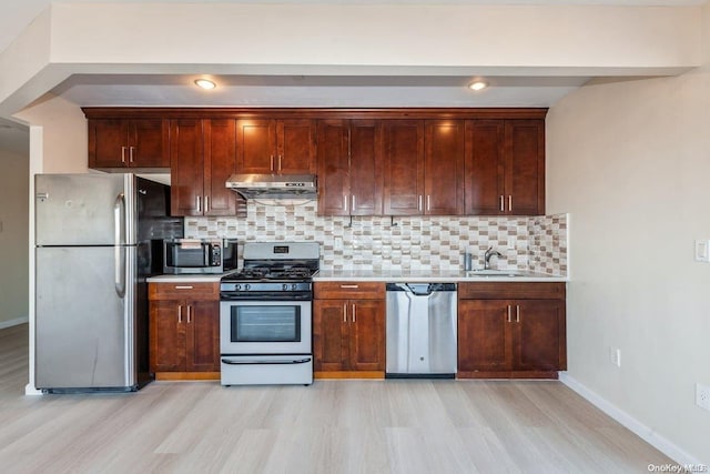 kitchen featuring backsplash, sink, stainless steel appliances, and light wood-type flooring