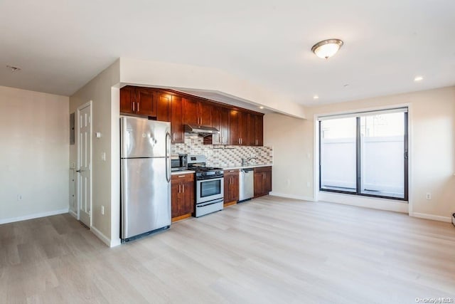 kitchen with backsplash, light hardwood / wood-style flooring, and stainless steel appliances