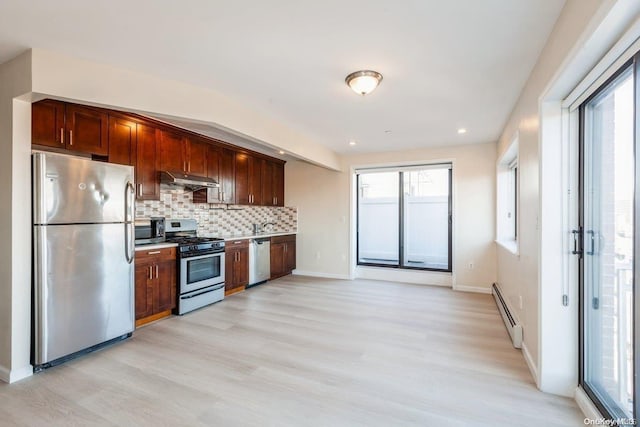 kitchen featuring decorative backsplash, light hardwood / wood-style floors, and stainless steel appliances