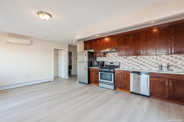 kitchen featuring backsplash, sink, light hardwood / wood-style floors, stainless steel appliances, and a wall unit AC