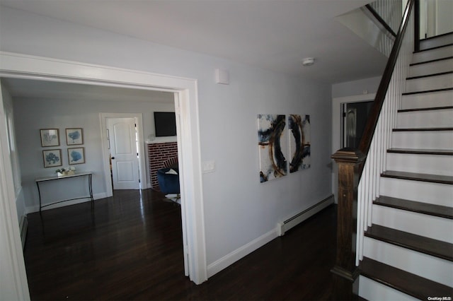 staircase with hardwood / wood-style flooring and a baseboard radiator