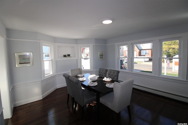 dining room with a healthy amount of sunlight, dark hardwood / wood-style floors, and a baseboard heating unit