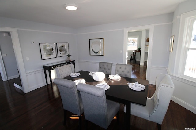 dining area featuring dark wood-type flooring