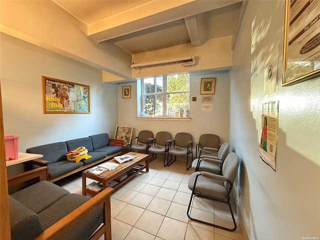 tiled living room with beam ceiling