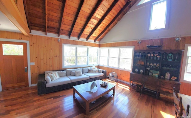 living room featuring beam ceiling, wood-type flooring, wooden walls, and wooden ceiling