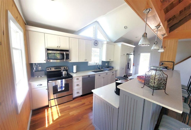 kitchen with hanging light fixtures, stainless steel appliances, plenty of natural light, and sink