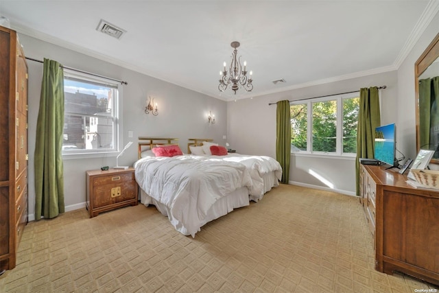 bedroom with a chandelier, multiple windows, and ornamental molding