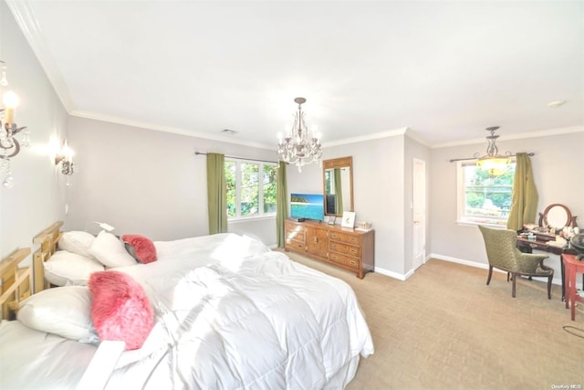 carpeted bedroom featuring a chandelier and crown molding