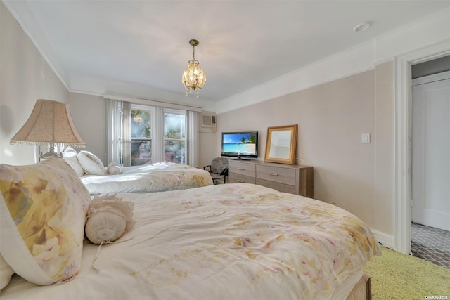 bedroom with carpet, a chandelier, an AC wall unit, and crown molding