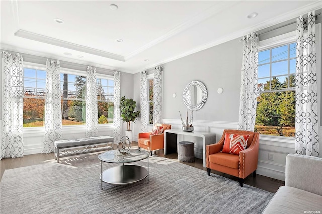 interior space featuring wood-type flooring, a tray ceiling, and crown molding