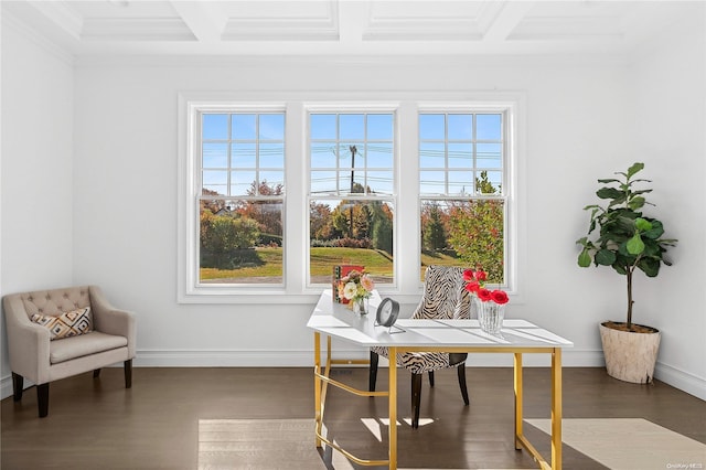 interior space with crown molding, coffered ceiling, dark hardwood / wood-style floors, and beam ceiling