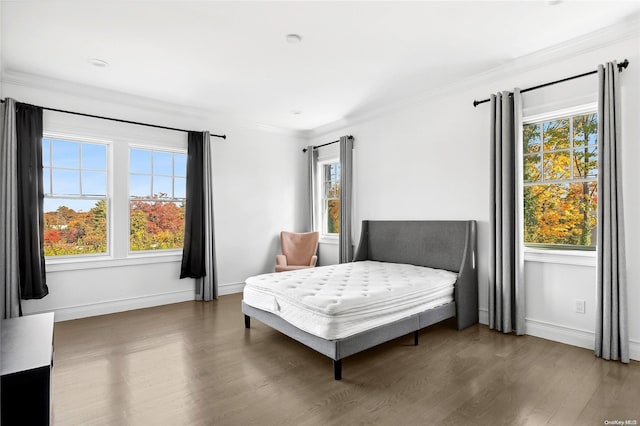 bedroom featuring multiple windows, dark hardwood / wood-style floors, and ornamental molding