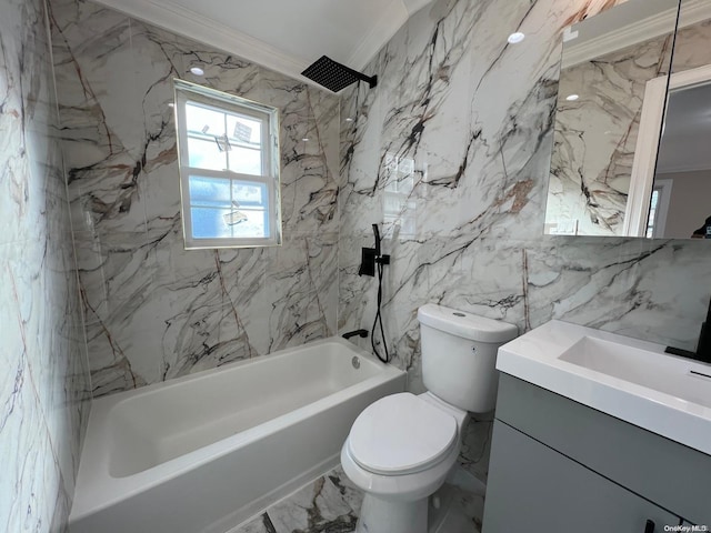 full bathroom featuring  shower combination, vanity, toilet, and ornamental molding