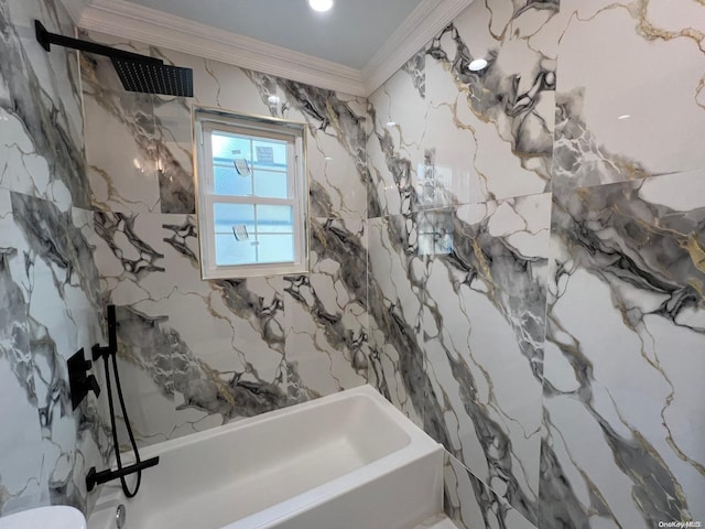 bathroom featuring washtub / shower combination and crown molding