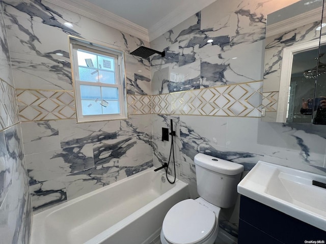 full bathroom with toilet, vanity, tiled shower / bath combo, and ornamental molding