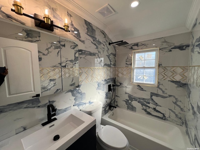 full bathroom featuring shower / bath combination, toilet, tile walls, and ornamental molding