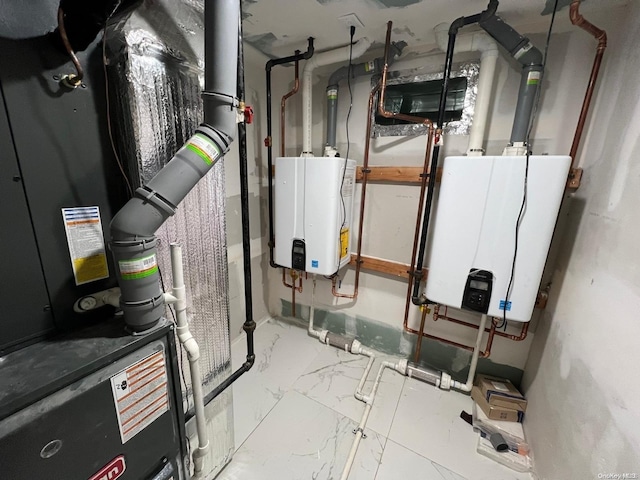 utility room with tankless water heater and heating unit