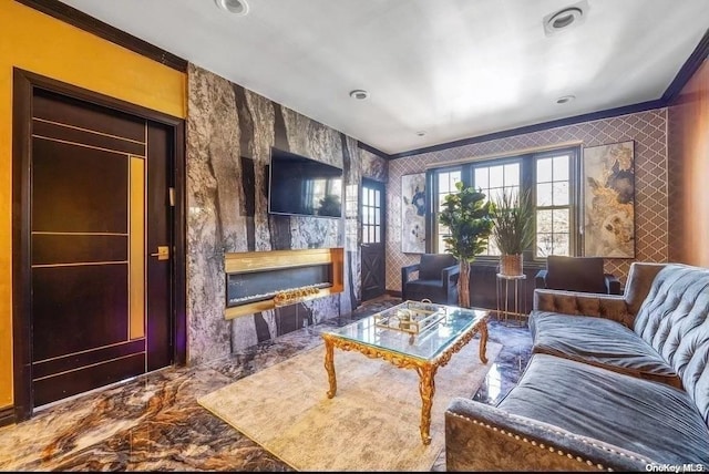 living room with ornamental molding