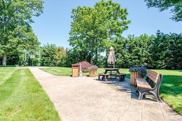 view of community featuring a yard and a patio