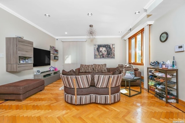 living room with parquet floors and ornamental molding