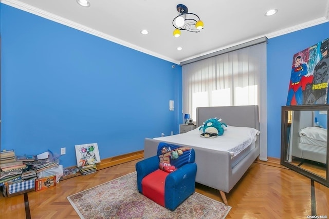 bedroom featuring crown molding and light parquet flooring