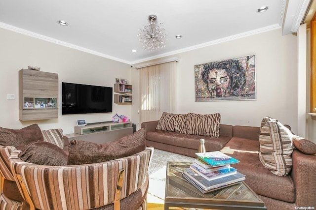 living room featuring a notable chandelier and ornamental molding