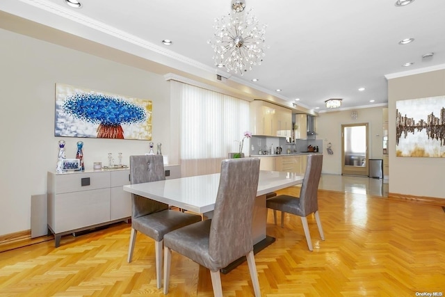 dining space with crown molding and light parquet floors