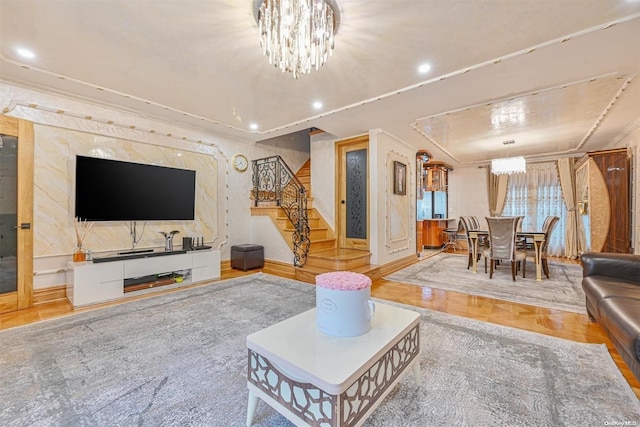 living room featuring an inviting chandelier