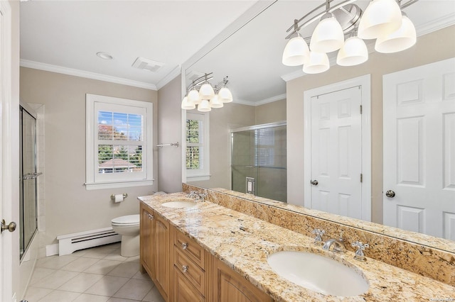 bathroom featuring walk in shower, ornamental molding, a baseboard heating unit, a notable chandelier, and tile patterned flooring