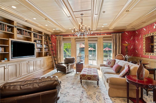 living room with french doors, wooden ceiling, an inviting chandelier, wood-type flooring, and ornamental molding