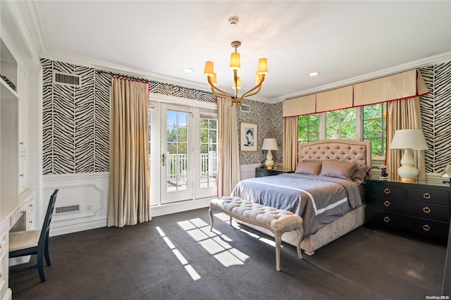 carpeted bedroom featuring access to outside, a chandelier, and ornamental molding